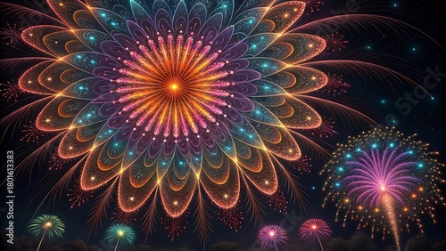 Kaleidoscope Fractal Fireworks on Dark Night Sky