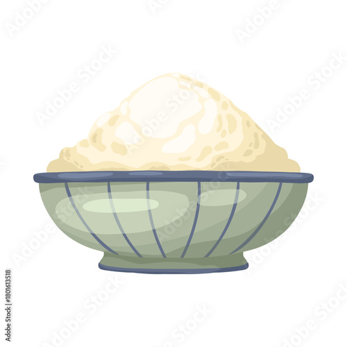 Ceramic mixing bowl filled with flour or powdered sugar. Hand-drawn vector illustration in a rustic watercolor sketch style, isolated for baking blogs, cooking preparation, and ingredient lists.