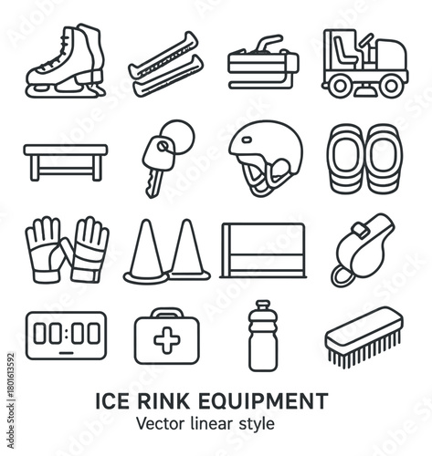 Ice rink equipment icons in minimalist linear style