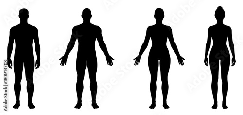 Man and woman body silhouette. Vector human figure outline. Male and female front view body shapes standing full height. Bare and naked slim healthy people.