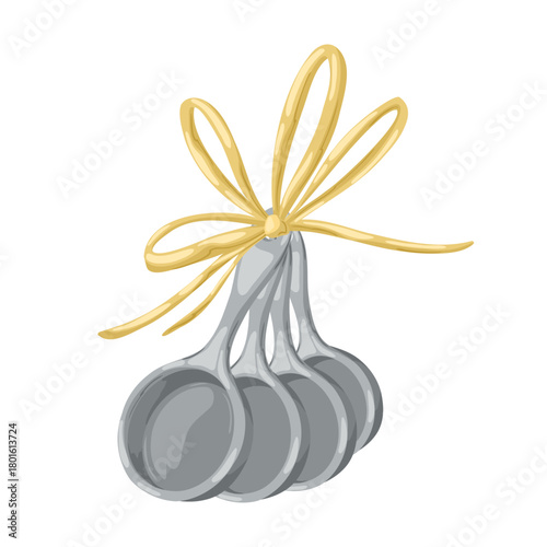 Set of metal measuring spoons tied with a gold ribbon. Hand-drawn vector illustration in a simple watercolor style, isolated for cooking blogs, recipe preparation, and kitchen utensil graphics.