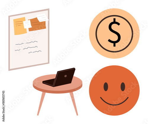 Laptop on table, planning board with notes, dollar icon, and happy face. Ideal for productivity, financial planning, positivity, creativity, business goals motivation simple flat metaphor