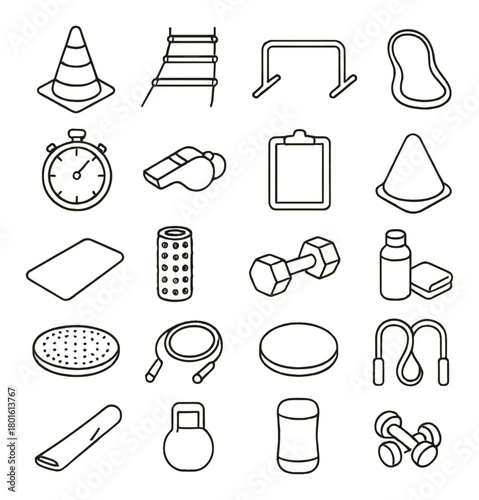 Set of fitness equipment icons: dumbbells, stopwatch, jump rope, whistle, mat