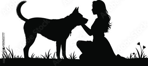 Silhouette woman bonding with dog outdoors in nature, peaceful companionship scene, emotional connection, pet lover moment, serene grassy landscape portrait