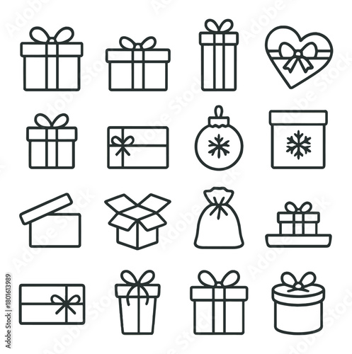 Outline icons set of gift boxes and holiday themes on grey background