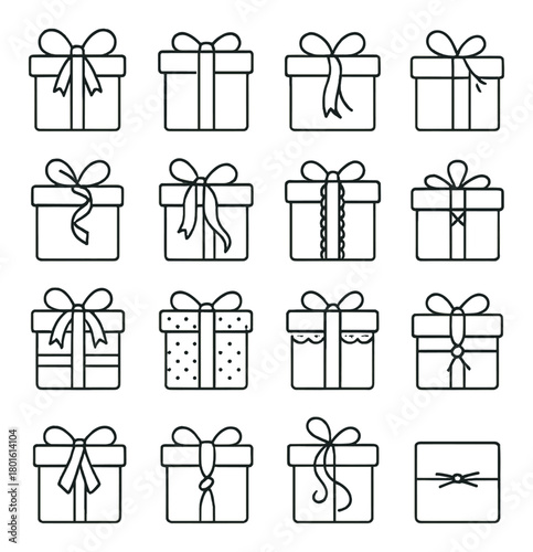 Set of sixteen gift box icons with different ribbon designs