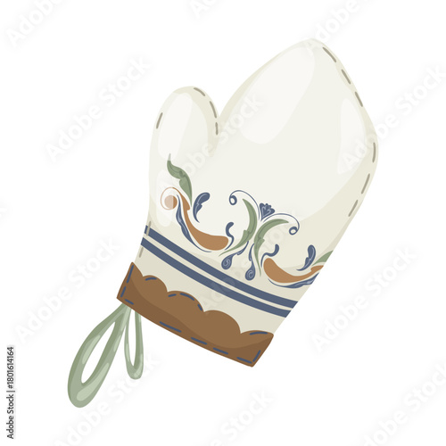 Set of two rustic kitchen oven mitts , one with a stripe pattern and one with a vintage folk ornament. Hand-drawn vector illustration in a cozy watercolor style, isolated for cooking and baking design