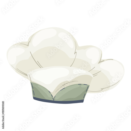 Classic chef's hat (toque blanche) with a pleated white dome and a colored band. Hand-drawn vector illustration in a cozy watercolour style, isolated for culinary school, cooking uniform,