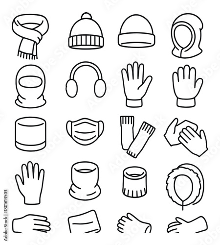 Winter clothing essentials outline: hats, gloves, scarves, and more