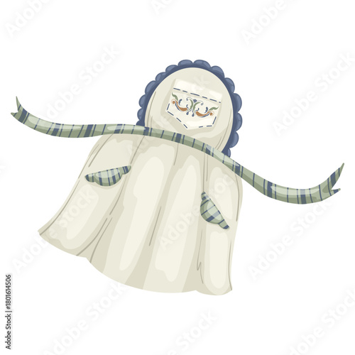 Whimsical phantom or ghost figure wearing a decorative kitchen apron with pockets. Hand-drawn vector illustration in a cozy watercolor style, isolated for baking humor, cooking blogs