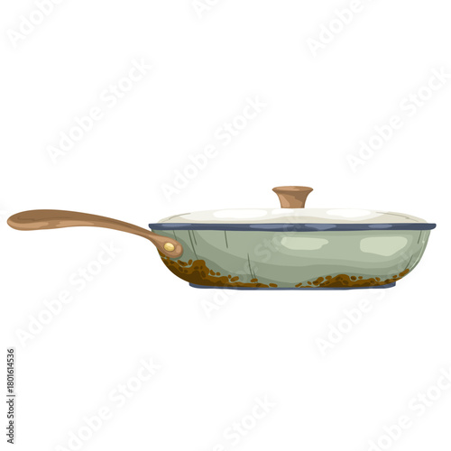 Rustic, worn enamel saucepan with a lid and long wooden handle. Hand-drawn vector illustration in a vintage watercolor style, isolated for small batch cooking, milk warming