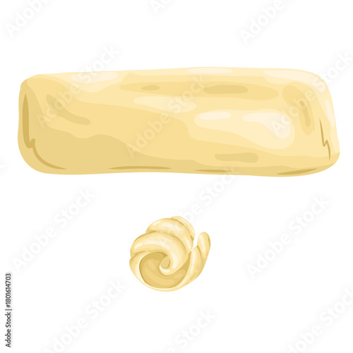 Isolated stick of butter and a butter curl. Hand-drawn vector illustration in a charming watercolor style, perfect for baking ingredients, dairy labels, and breakfast graphics.