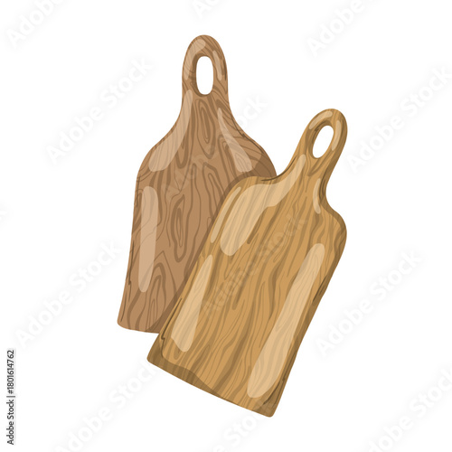 Pair of isolated wooden cutting boards with handles and visible grain. Hand-drawn vector illustration in a rustic watercolor style, essential for food prep, kitchen decor