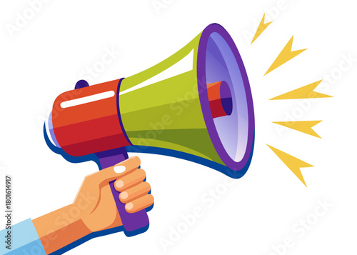 Hand holding colorful megaphone with sound waves emanating  