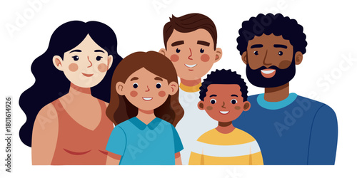 Diverse family smiling together in a cartoon illustration  