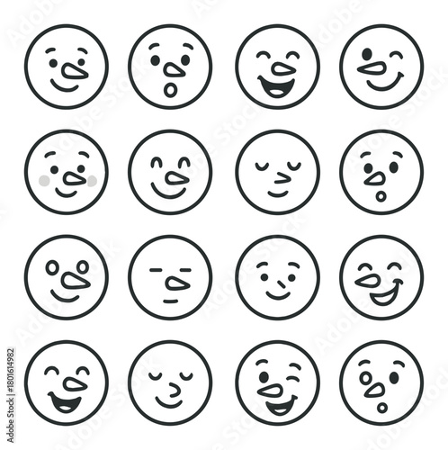 Collection of 16 cartoon faces with various expressions on gray background
