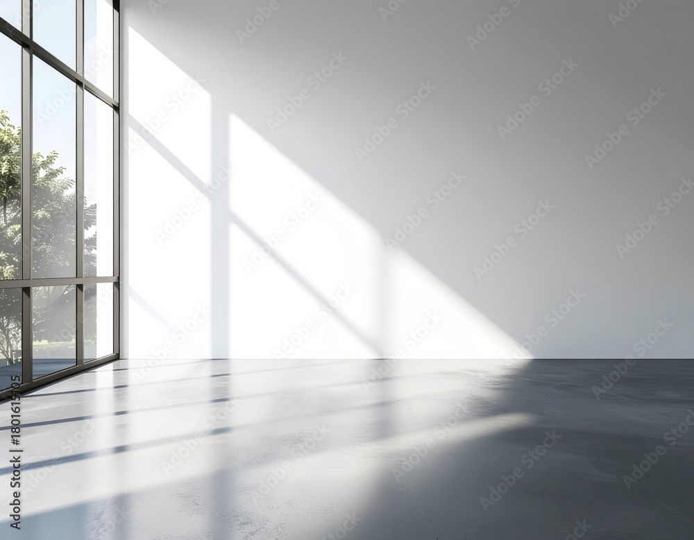 Obraz premium Minimalist Architectural Sunlight Shadow Play White Wall Grey Floor