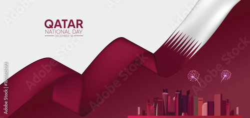 Qatar National Day Elegant ribbon illustration symbolizing Qatar’s national pride, unity, heritage, and celebration poster