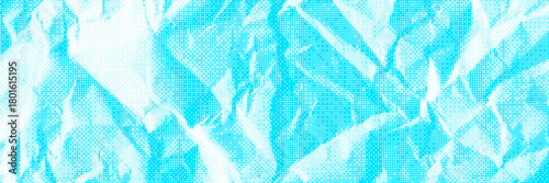 Crinkled blue CMYK halftone newspaper bg with a circular dot pattern. Crumpled paper with a one-color raster texture. Grainy retro graphic design. Retro vector illustration.