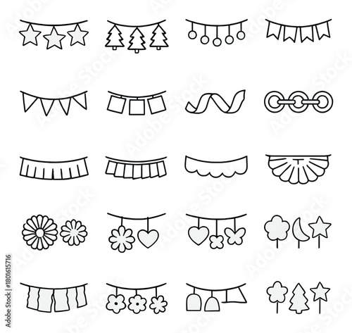 Collection of decorative garland icons: stars, trees, circles, flags