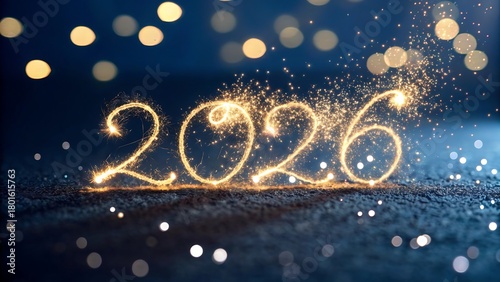 Happy New Year 2026 Sparkle on Snowy Background with Bokeh
