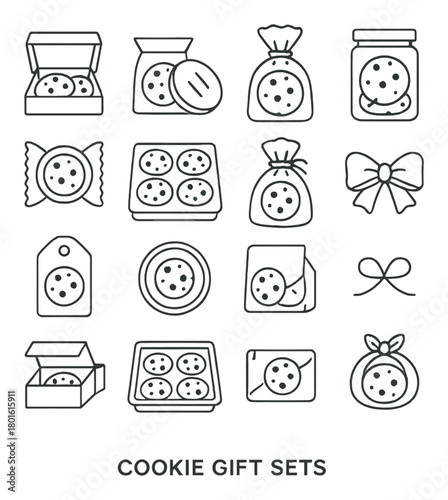 Collection of cookie gift set icons in various packaging styles