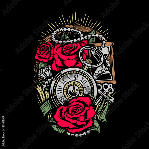A vintage illustration featuring a pocket watch, hourglass, roses, pearls, a diamond, wheat, and keys, symbolizing time and beauty.