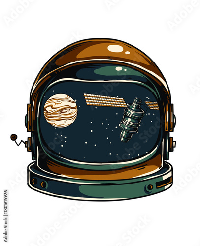 Vintage astronaut helmet with a reflection of a space station and the planet Jupiter in the visor, isolated on a white background.