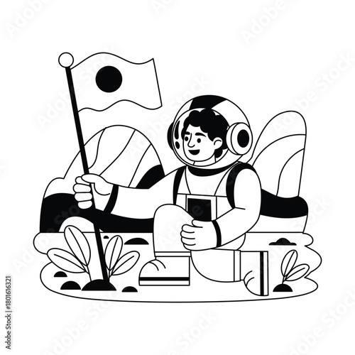 Astronaut With Flag Outline Illustration EPS 10 File