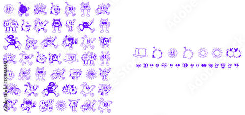 A collection of various purple cartoon monster and alien characters with abstract shapes and patterns.