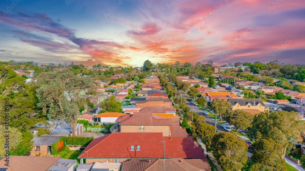 Fototapeta premium Aerial Panorama Drone View of a inner western Sydney Suburb of Ashbury Urban Sprawl and the terracotta roof tops streets and trees of Suburban Sydney NSW Australia