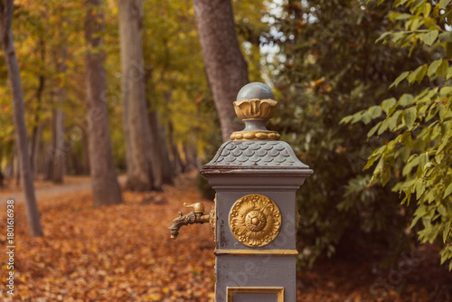 Close-up of ornate rusted iron water fountain