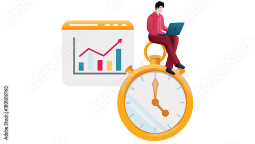 Digital marketer analyzing time and performance on a stopwatch representing efficiency and strategic planning in online marketing campaigns