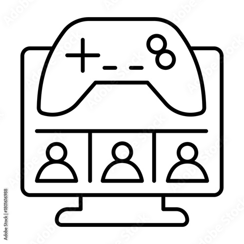 Monitor with users and joystick thin line icon, multiverse concept. Vector graphics. In game assets, gaming sign on white background, style icon mobile or web design.