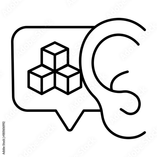 Human ear with gossip bubble thin line icon, multiverse concept. Vector graphics. Gossip of token dialogue listening sign on white background, style icon mobile or web design.