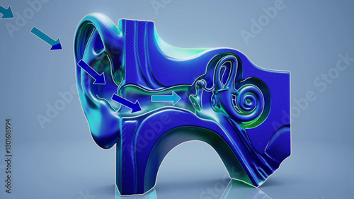 Conceptual 3D illustration of an anatomical ear and sound waves