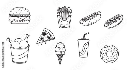 Collection of delicious fast food items drawn in a simple sketch silhouette style for creative design