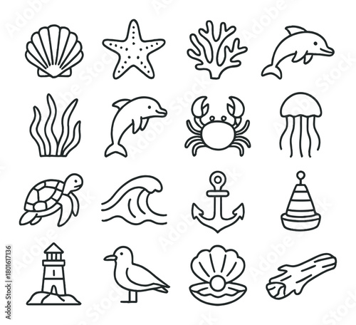 Minimalist ocean icon set: marine life, nautical symbols, sea creatures