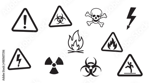 Collection of hand drawn danger warning hazard symbols and icons in silhouette style