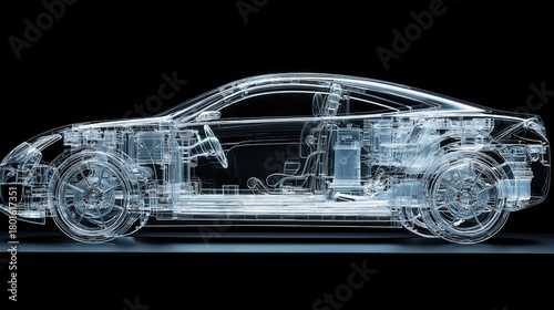 Wireframe car model made of light lines. Concept of transparent vehicle design
