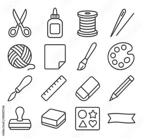 Craft supplies icons set featuring tools for sewing and art projects