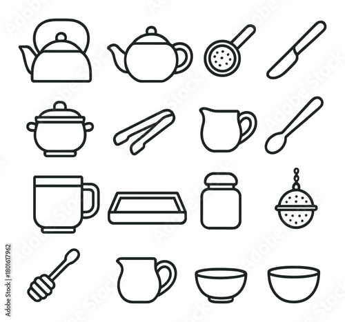 Kitchen utensils and crockery set icons on grey background