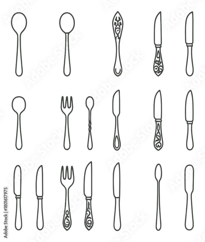 Variety of forks, knives, spoons with elegant decorative handles