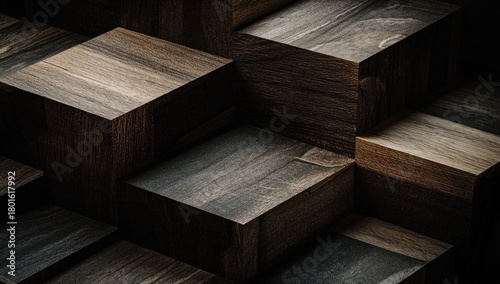 Fototapeta Naklejka Na Ścianę i Meble -  Textured dark wood blocks arranged in a geometric abstract pattern, creating a modern architectural background with shadows.