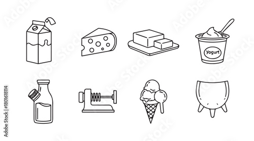Collection of dairy product icons in a simple line drawing silhouette style for food and beverage design