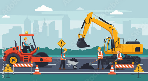 Road construction workers operating heavy machinery for asphalt paving and road repair with city skyline in background