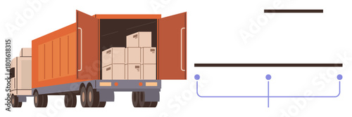 Truck unloading cardboard boxes with open doors next to an abstract workflow diagram. Ideal for transportation, logistics, supply chain, distribution, freight, delivery, simple flat metaphor