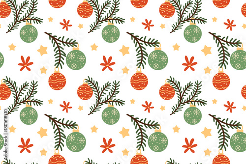 Seamless pattern. Hand-drawn Christmas tree baubles and a green fir branch. Festive illustration of Christmas decor in flat style.