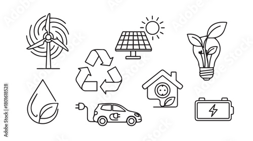 Collection of hand drawn eco friendly energy and sustainability icons in silhouette style