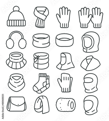 Winter accessories outline collection with hats, scarves, gloves, and balaclavas